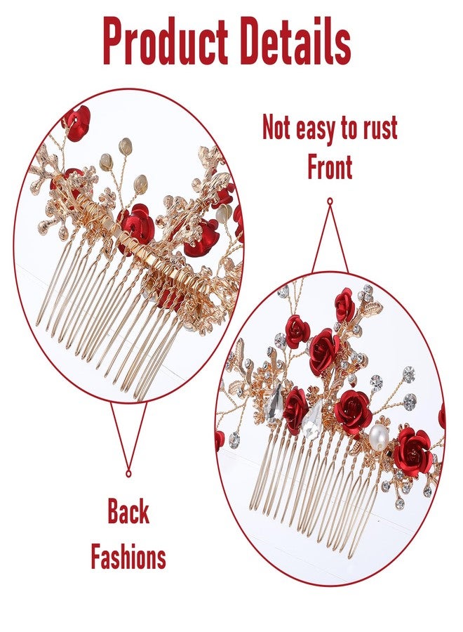 MBAIYO Red Flower Hair Comb, Gold Rose Crystal Bridal Hair Side Comb Vintage Floral Rhinestone Rose Side Comb Crystal Emerald Headpiece Wedding Sparkly Hair Accessory for Women - Image 2